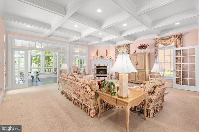 11306 Stonewall Jackson Dr, Spotsylvania, VA 22551 - living area featuring light colored carpet, recessed lighting, beam ceiling, and a high end fireplace