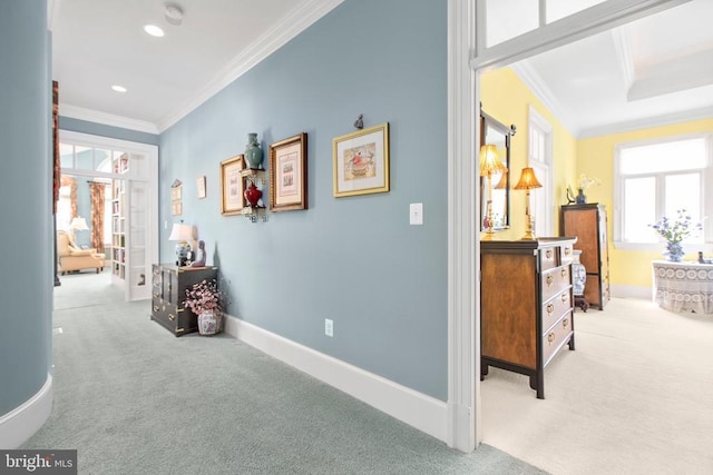 11306 Stonewall Jackson Dr, Spotsylvania, VA 22551 - hallway with carpet, crown molding, plenty of natural light, baseboards, and recessed lighting