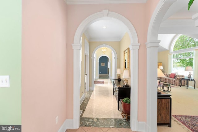11306 Stonewall Jackson Dr, Spotsylvania, VA 22551 - corridor featuring arched walkways, ornamental molding, decorative columns, and tile patterned floors