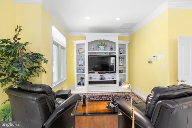 11306 Stonewall Jackson Dr, Spotsylvania, VA 22551 - living room featuring crown molding, built in features, and baseboards