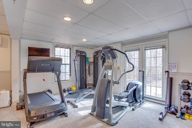 47 Marwood Dr, Palmyra, VA 22963 - workout area with a drop ceiling, carpet flooring, and french doors
