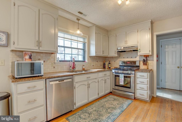 47 Marwood Dr, Palmyra, VA 22963 - kitchen with appliances with stainless steel finishes, under cabinet range hood, visible vents, a sink, and light wood-type flooring