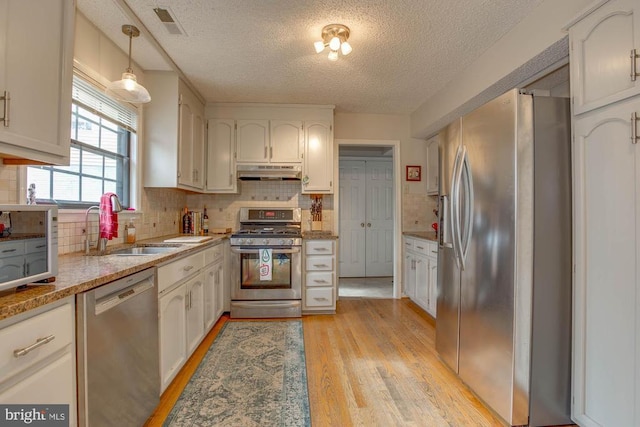 47 Marwood Dr, Palmyra, VA 22963 - kitchen featuring tasteful backsplash, a textured ceiling, under cabinet range hood, light wood-style flooring, and appliances with stainless steel finishes