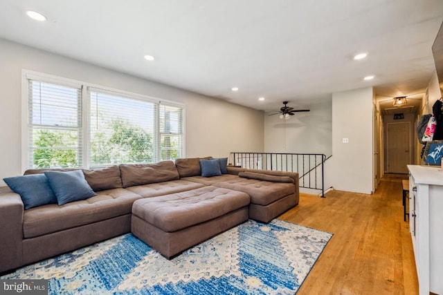  - living room featuring recessed lighting, light wood-style flooring, and ceiling fan