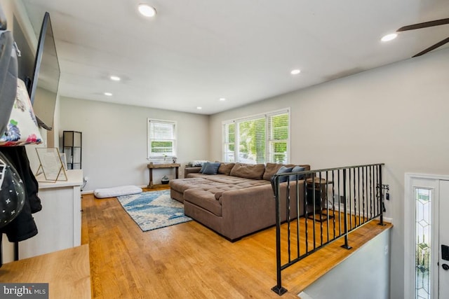  - living room featuring wood finished floors, ceiling fan, recessed lighting, and baseboards