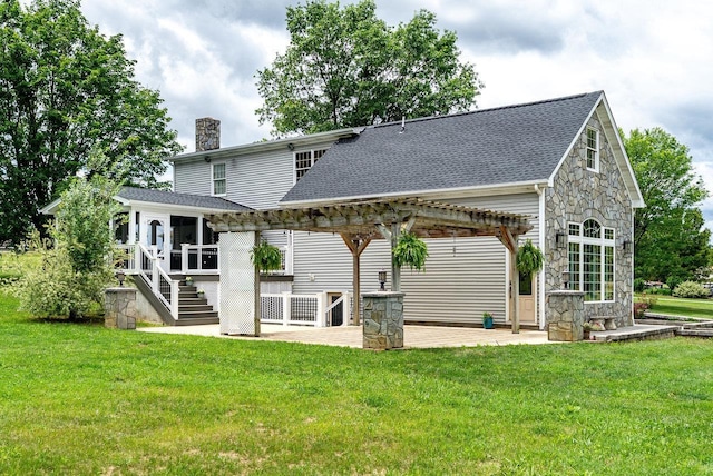 17962 Old Barn Ln, Elkton, VA 22827 - back of house featuring a pergola, stone siding, a chimney, and a patio area