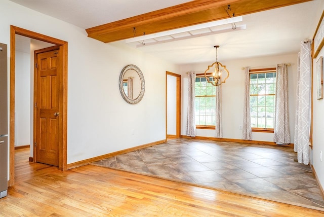 17962 Old Barn Ln, Elkton, VA 22827 - unfurnished dining area featuring beamed ceiling, a chandelier, and light wood-type flooring