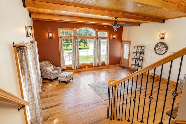 17962 Old Barn Ln, Elkton, VA 22827 - foyer entrance with a wood ceiling with exposed beams, a ceiling fan, hardwood / wood-style flooring, and stairway