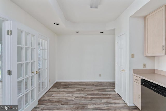 11120 Dragons Lair Dr, Fredericksburg, VA 22407 - kitchen with stainless steel dishwasher, light wood-type flooring, light countertops, french doors, and recessed lighting