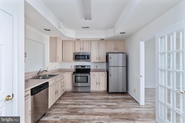 11120 Dragons Lair Dr, Fredericksburg, VA 22407 - kitchen featuring appliances with stainless steel finishes, light countertops, light wood-type flooring, a tray ceiling, and recessed lighting