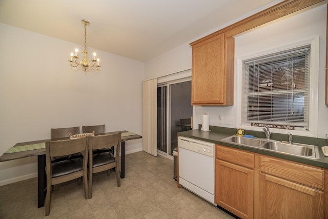 25-4 Beverly Ct Unit 25-4, Lexington, VA 24450 - kitchen featuring white dishwasher, a chandelier, dark countertops, light floors, and hanging light fixtures