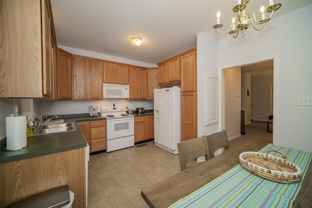 25-4 Beverly Ct Unit 25-4, Lexington, VA 24450 - kitchen featuring white appliances, dark countertops, a chandelier, and light flooring