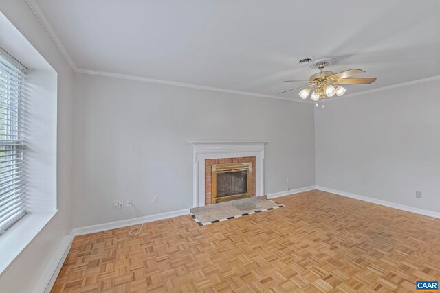 807 Watson Ave, Charlottesville, VA 22901 - unfurnished living room featuring a ceiling fan, baseboards, crown molding, and a fireplace