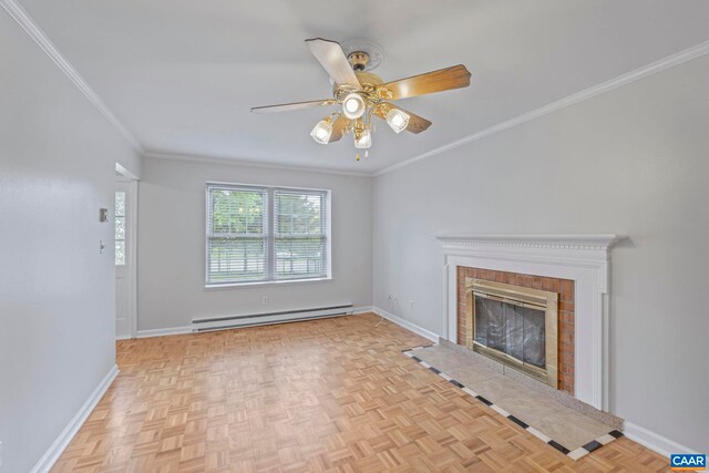 807 Watson Ave, Charlottesville, VA 22901 - unfurnished living room with baseboard heating, a ceiling fan, ornamental molding, baseboards, and a brick fireplace