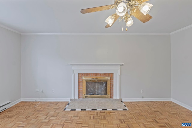 unfurnished living room with ceiling fan, a baseboard radiator, baseboards, ornamental molding, and a glass covered fireplace