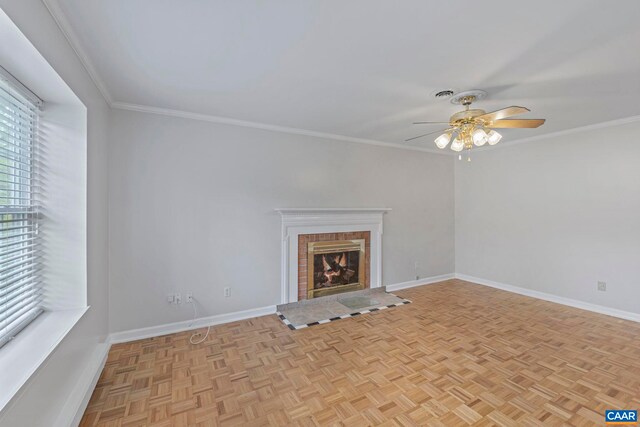 807 Watson Ave, Charlottesville, VA 22901 - unfurnished living room featuring ceiling fan, a brick fireplace, crown molding, and baseboards