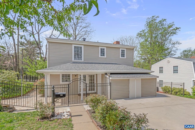 view of front of home with a garage, a gate, concrete driveway, a chimney, and roof with shingles