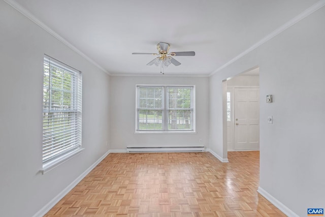 spare room featuring baseboards, ceiling fan, a baseboard radiator, and ornamental molding