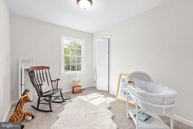 living area featuring baseboards and carpet