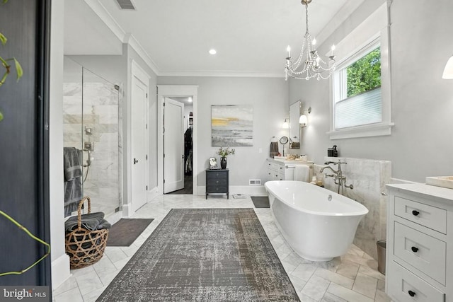 11109 Vanderbilt Cv, Spotsylvania, VA 22551 - full bathroom featuring marble look tile flooring, a freestanding tub, a stall shower, vanity, and ornamental molding