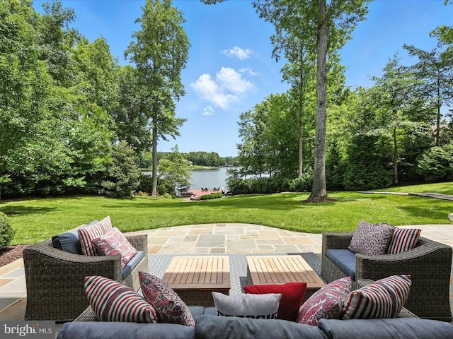 11109 Vanderbilt Cv, Spotsylvania, VA 22551 - view of patio / terrace with a water view, view of wooded area, and outdoor lounge area