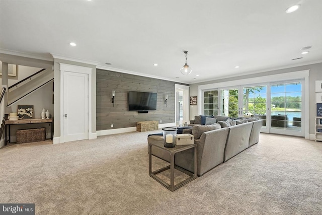11109 Vanderbilt Cv, Spotsylvania, VA 22551 - carpeted living room with ornamental molding, wooden walls, and recessed lighting