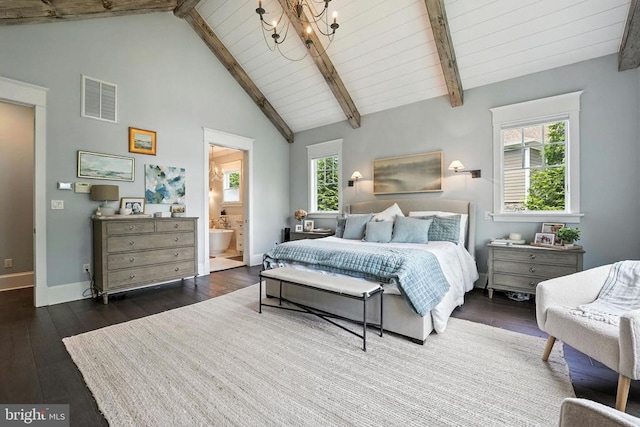 11109 Vanderbilt Cv, Spotsylvania, VA 22551 - bedroom with wood-type flooring, multiple windows, a wood ceiling with exposed beams, a chandelier, and ensuite bath
