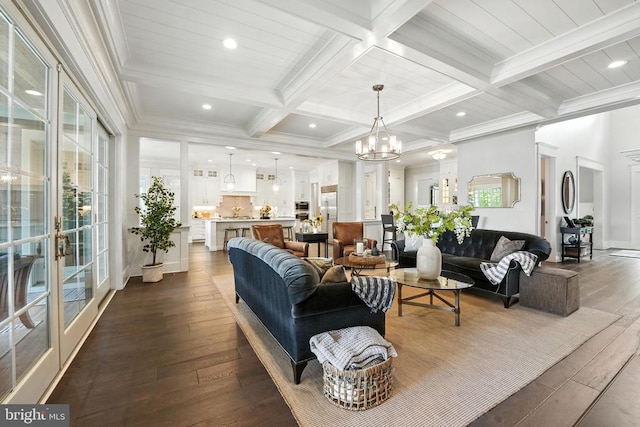 11109 Vanderbilt Cv, Spotsylvania, VA 22551 - living area featuring beam ceiling, dark wood-style flooring, a chandelier, coffered ceiling, and recessed lighting