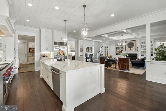 11109 Vanderbilt Cv, Spotsylvania, VA 22551 - kitchen featuring high end appliances, a chandelier, recessed lighting, dark wood finished floors, and white cabinets