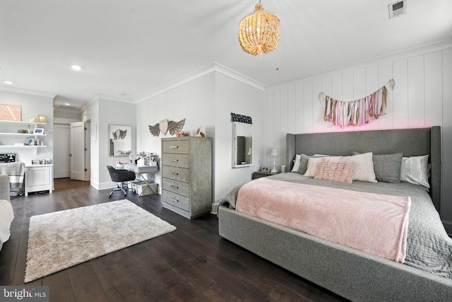11109 Vanderbilt Cv, Spotsylvania, VA 22551 - bedroom featuring crown molding, a chandelier, dark wood-style flooring, a desk, and recessed lighting