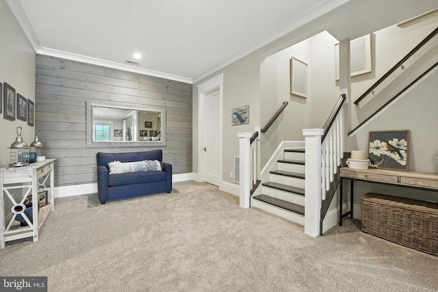 11109 Vanderbilt Cv, Spotsylvania, VA 22551 - sitting room with stairs, carpet floors, recessed lighting, wood walls, and ornamental molding