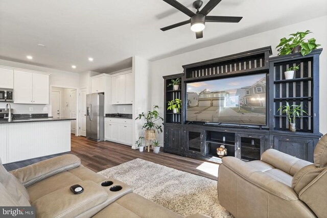6520 Wild Orchid Ct, Fredericksburg, VA 22407 - living room with dark wood-style floors, a ceiling fan, and recessed lighting