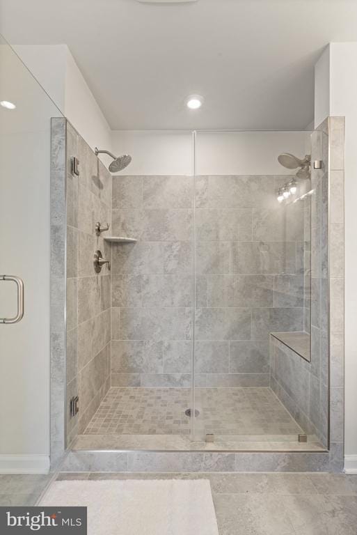 6520 Wild Orchid Ct, Fredericksburg, VA 22407 - full bathroom with a stall shower, baseboards, and recessed lighting