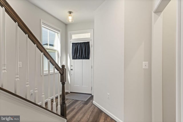 6520 Wild Orchid Ct, Fredericksburg, VA 22407 - entryway featuring dark wood-style floors, stairway, and baseboards