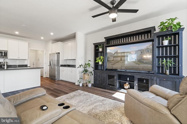 6520 Wild Orchid Ct, Fredericksburg, VA 22407 - living room with dark wood-style floors, a ceiling fan, and recessed lighting