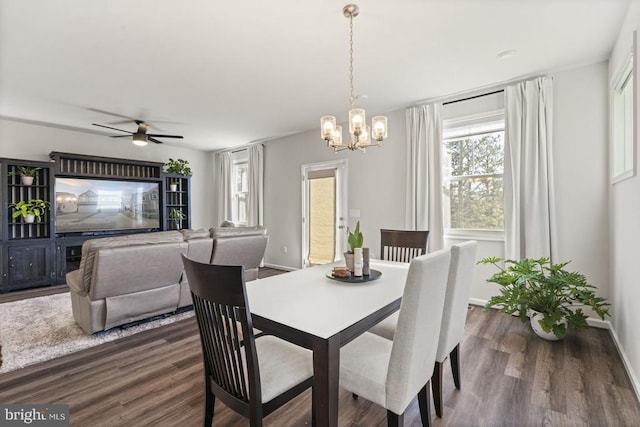 6520 Wild Orchid Ct, Fredericksburg, VA 22407 - dining room with healthy amount of natural light, a chandelier, dark wood-style floors, and a ceiling fan