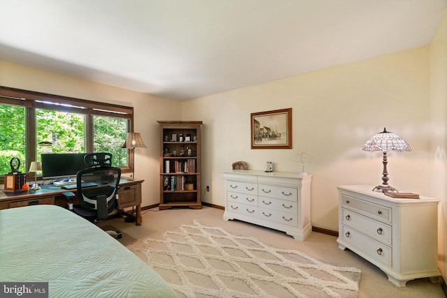 home office with light colored carpet and baseboards