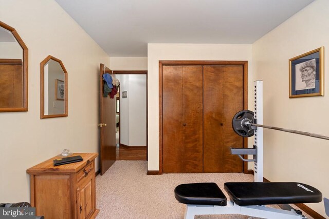 exercise room featuring carpet flooring