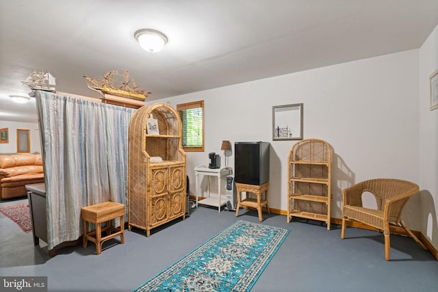 living area featuring carpet floors and baseboards