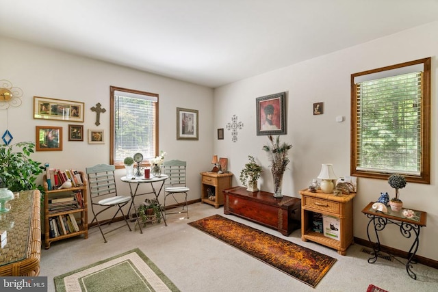 living area with light carpet and baseboards