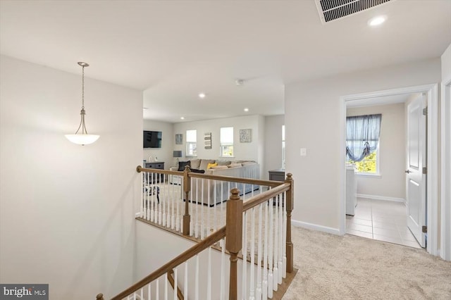 11326 Oakville Ln, Spotsylvania, VA 22551 - corridor featuring an upstairs landing, light colored carpet, recessed lighting, and light tile patterned flooring