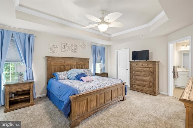11326 Oakville Ln, Spotsylvania, VA 22551 - bedroom with a raised ceiling, ornamental molding, light carpet, ceiling fan, and ensuite bathroom