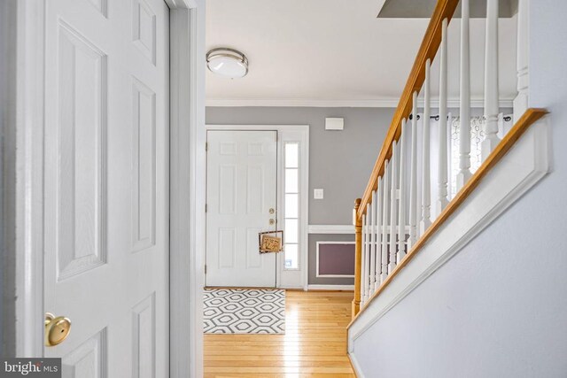 10501 Crestfield Ln, Spotsylvania, VA 22553 - foyer entrance with hardwood / wood-style flooring, stairs, ornamental molding, and baseboards