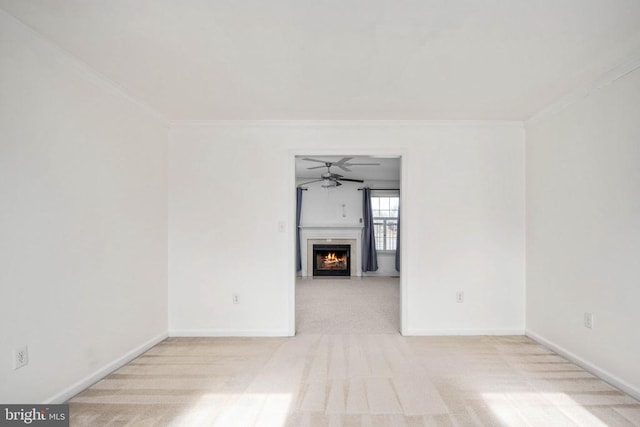 10501 Crestfield Ln, Spotsylvania, VA 22553 - carpeted empty room featuring ornamental molding, a lit fireplace, baseboards, and a ceiling fan