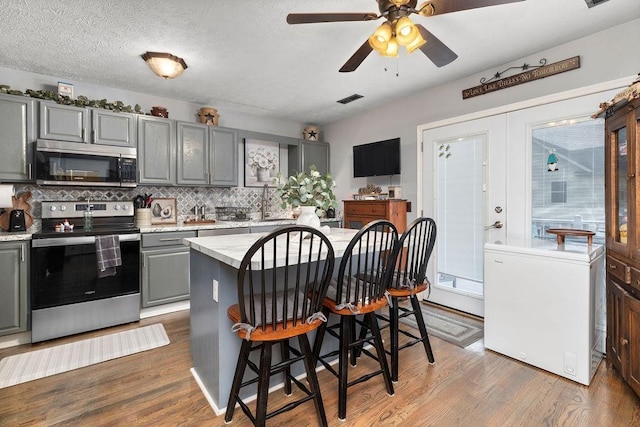 1294 Victorian Village Dr, Harrisonburg, VA 22802 - kitchen featuring stainless steel appliances, gray cabinetry, light countertops, and wood finished floors