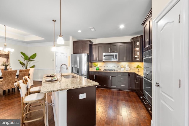 kitchen with dark wood finished floors, appliances with stainless steel finishes, a tray ceiling, dark brown cabinets, and a sink