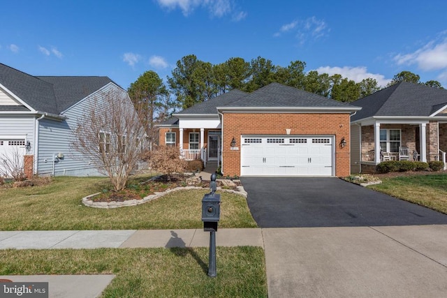 view of front facade featuring a porch, a garage, brick siding, and a front lawn