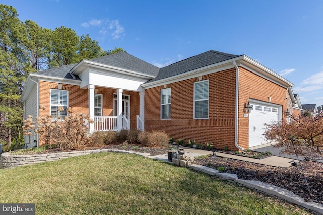 view of front of property with brick siding, a porch, a shingled roof, an attached garage, and a front lawn