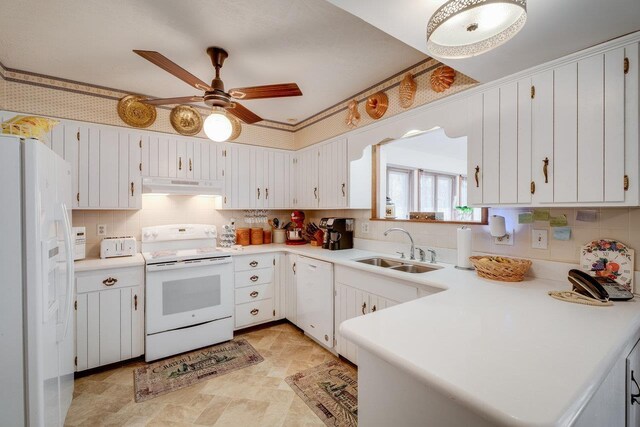 kitchen with a ceiling fan, under cabinet range hood, white appliances, a sink, and light countertops