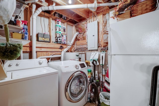 laundry room with electric water heater, laundry area, separate washer and dryer, and electric panel